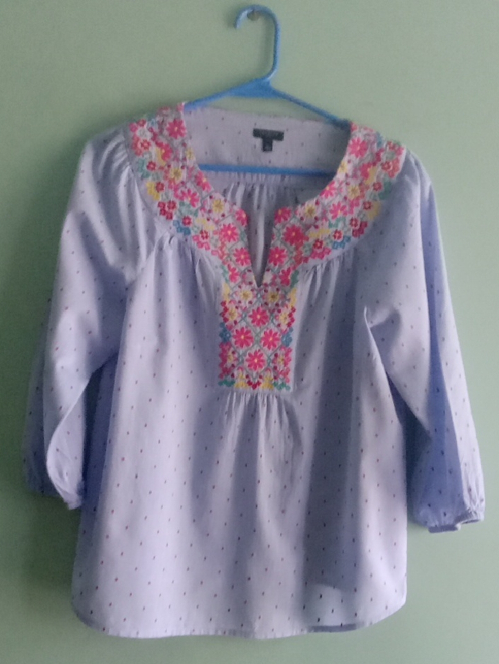 Talbots Petite Blue Top with Pink Dot Pattern